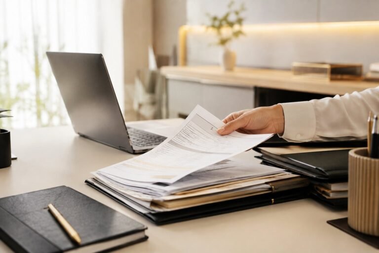 Profissional organizando documentos fiscais ao lado de um computador
