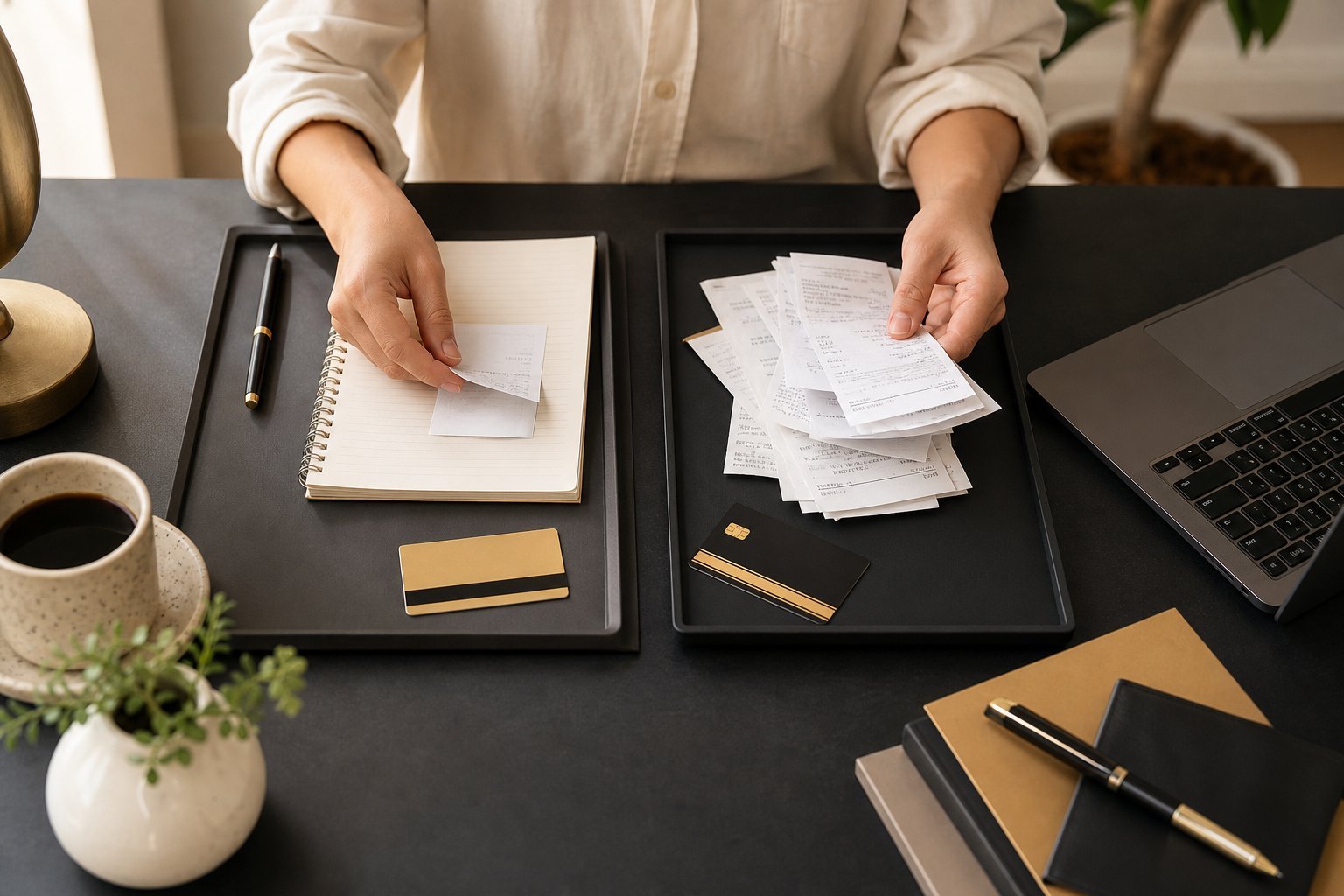 Empreendedora separando despesas pessoais e empresariais em duas áreas da mesa